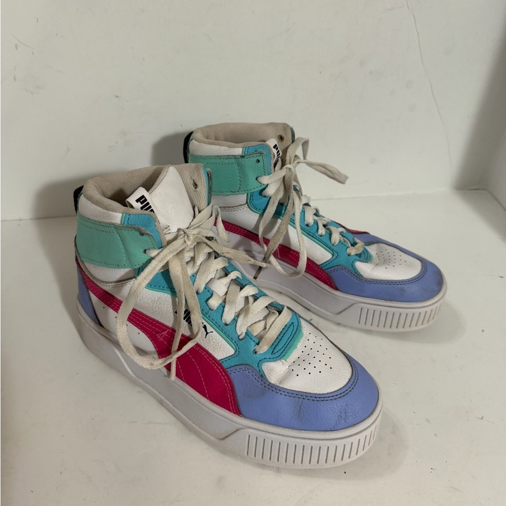 Puma White High Top Sneakers with Pink, Blue, and Green Accents size 5 - Picture 2 of 10